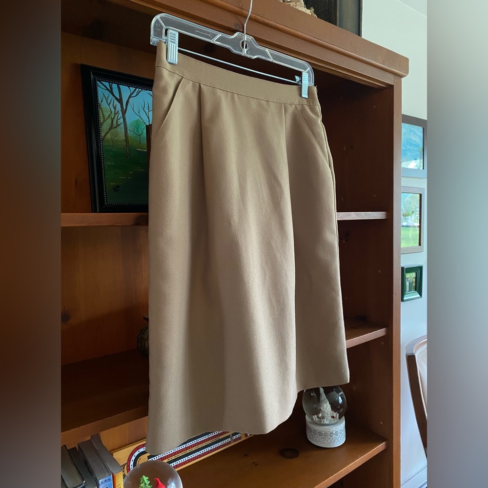 Vintage 80s Principles Petite Camel Wool Blend Midi Skirt Pockets Size 6 - Picture 5 of 12